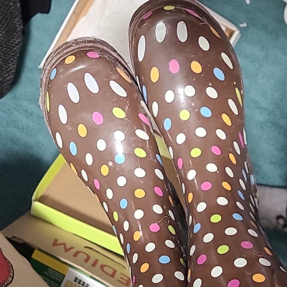 Polka Dot rain boots size 7 capella NewYork Y2K BROWN SHINY MULTI DOTS SPORTY - Picture 3 of 12